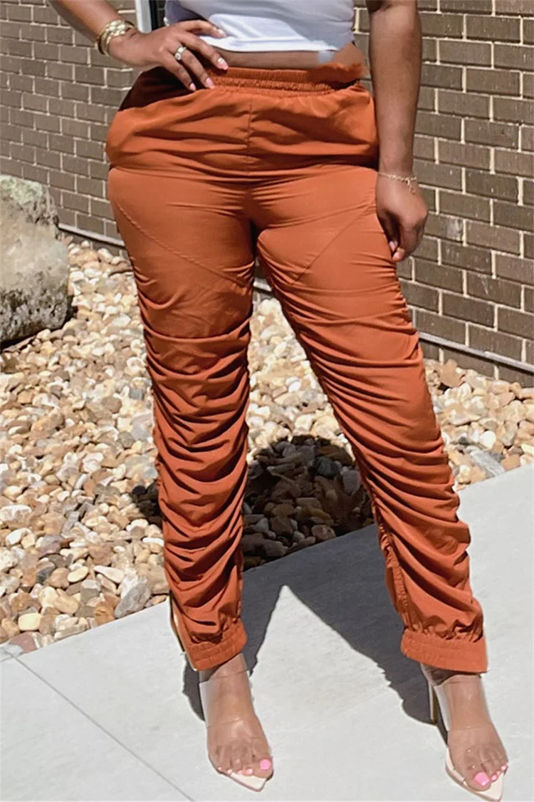 Orange Fashion Casual Solid Fold Regular High Waist Trousers