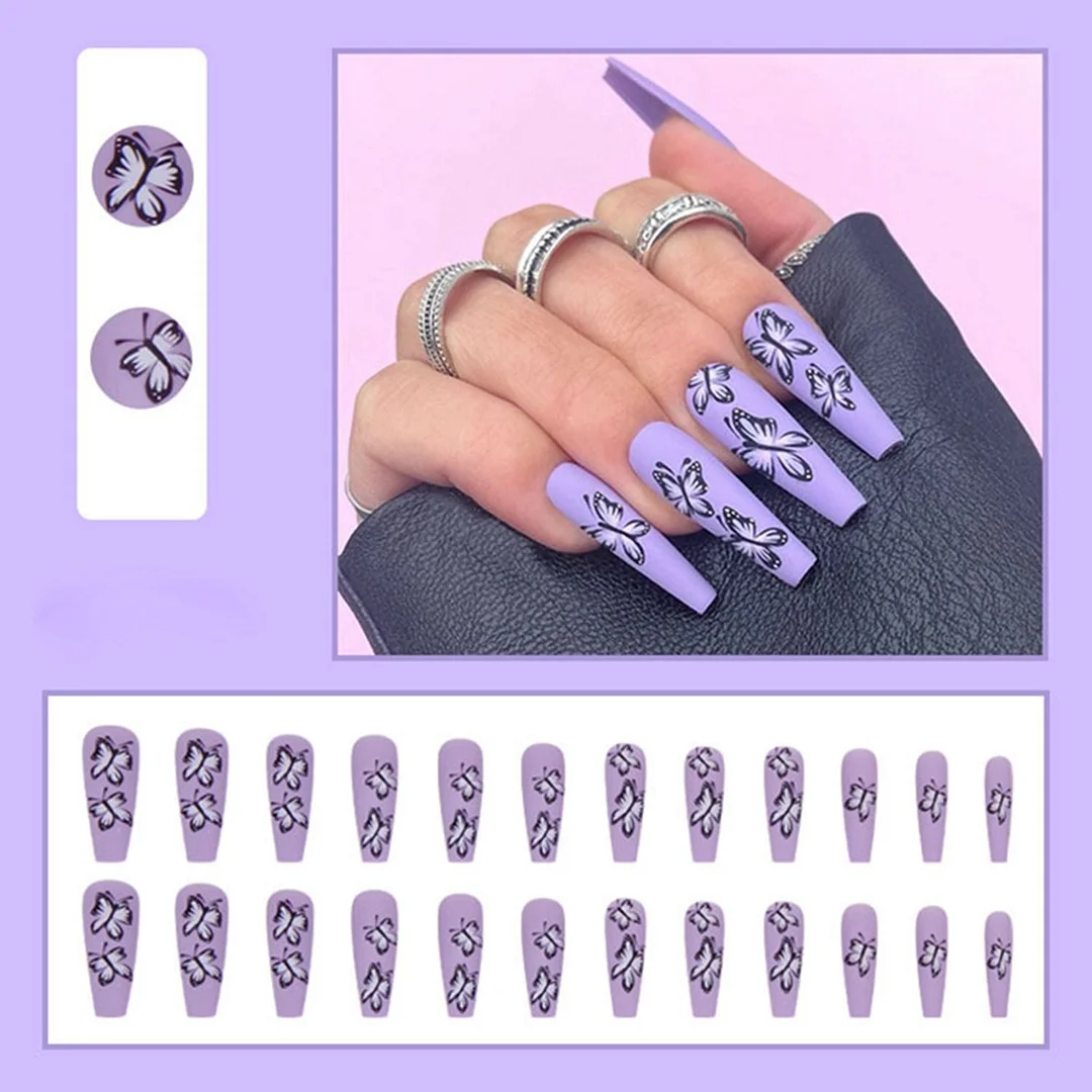 24pcs Matte Fake Nails Extra Long Butterfly Coffin False Nails with Glue Purple Manicure Ballerina Press on Nails Faux Ongles