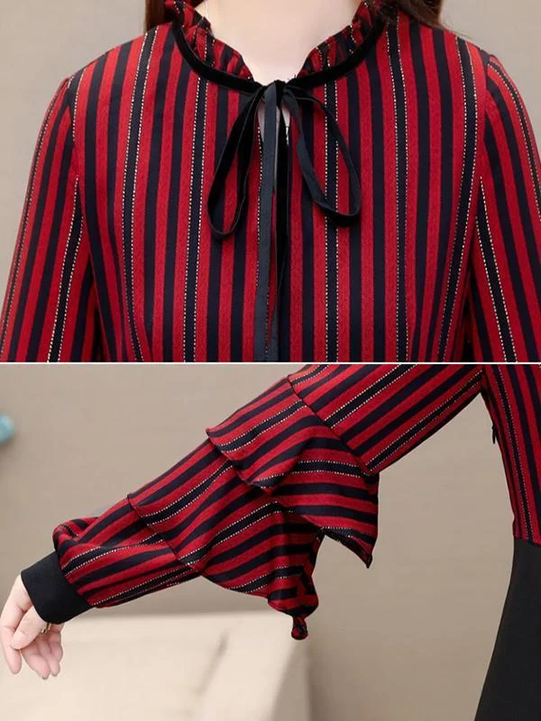 Stripe Puff Sleeve Bow Tie Stitching Shift Dress