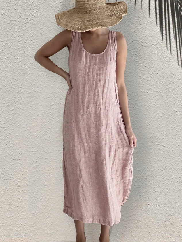 Sleeveless Crew Neck Plain Summer Vacation Cotton And Linen Casual Loose Dress