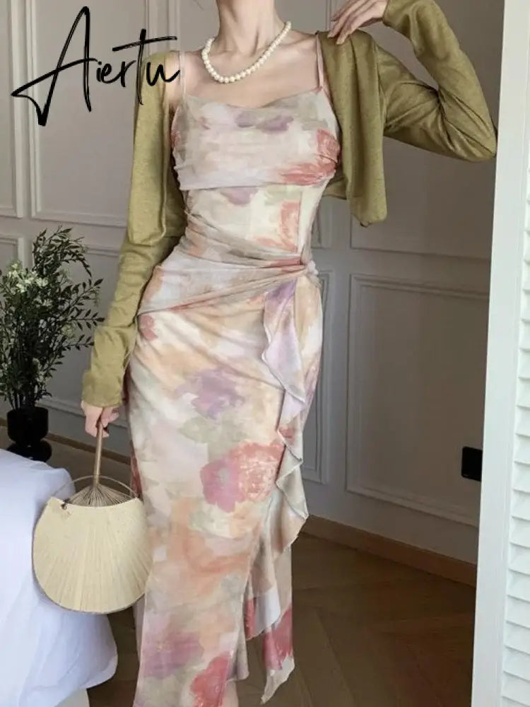 Aiertu Summer Fashion Women Spaghetti Strap Elegant Midi Chiffon Dresses Wedding Evening Birthday Holiday Backless Prom Clothes Aiertu