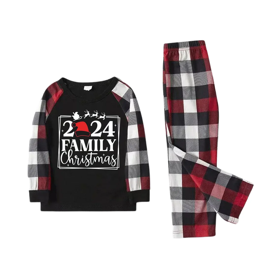 "2024 FAMILY CHRISTMAS " Text And Santa Hat Printed Pattern- Black Top with Red&Black&White Plaid Sleeves - Family Matching Pajamas