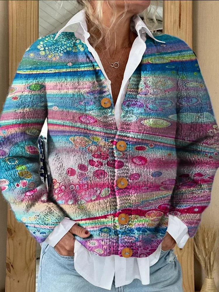 Colorful Floral Print Buttoned Cardigan Sweater