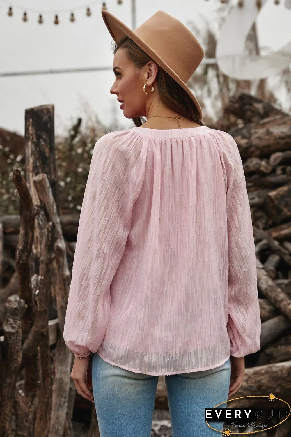 Pink V Neck Lantern Sleeve Textured Solid Top