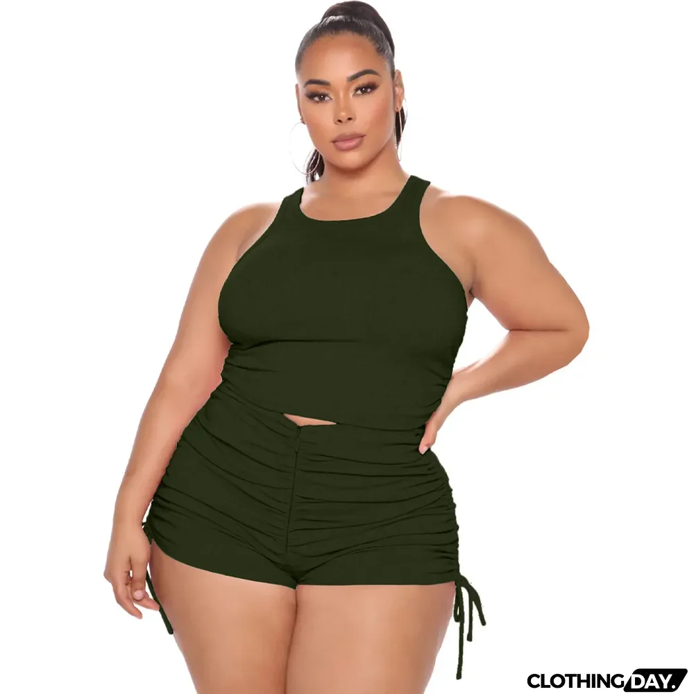 Plus Size Women's Tank Top Pleated Casual Shorts Two Piece Set
