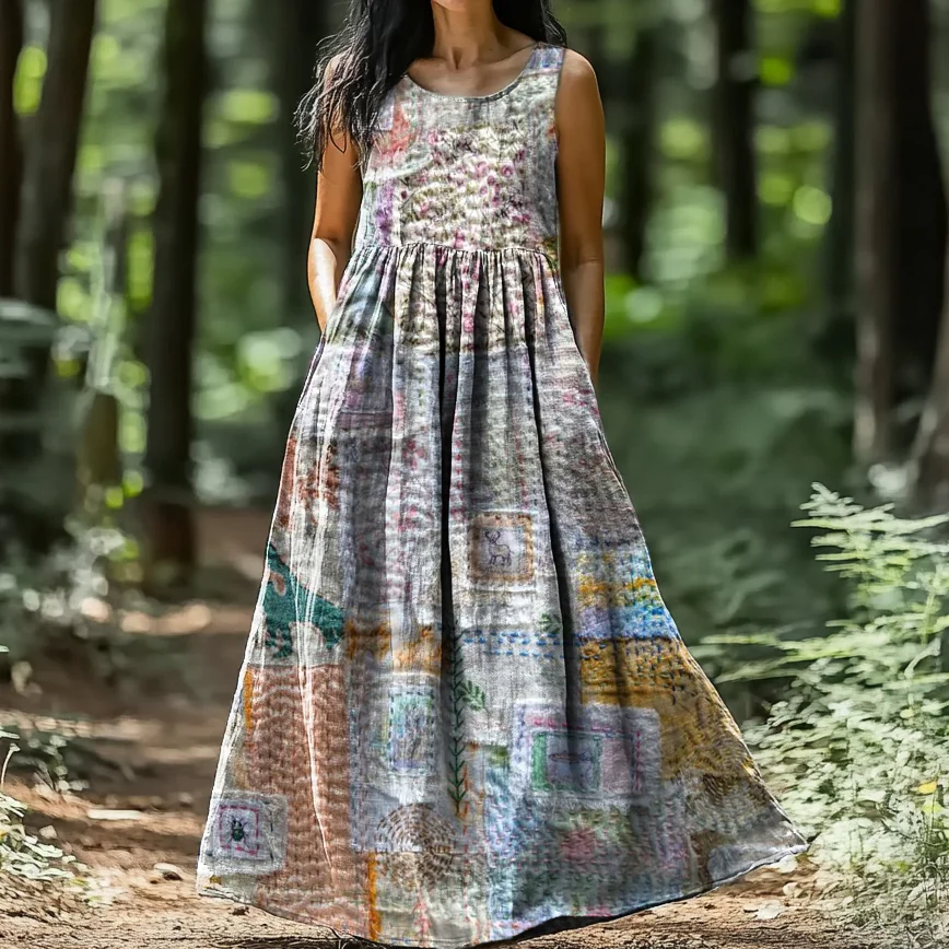 Women's Irregular Patchwork Pattern Art Print Round Neck Vest Dresses
