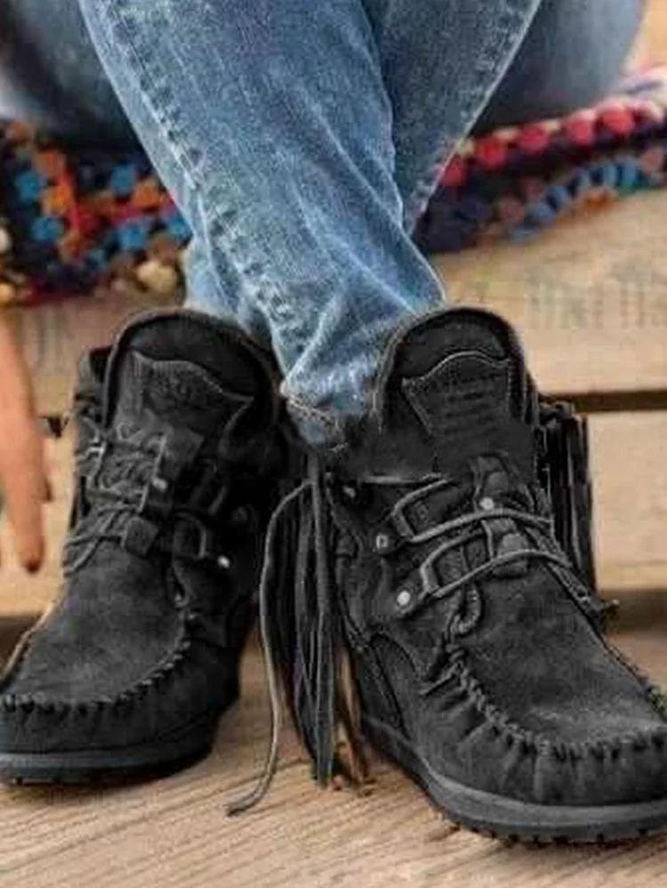Casual Tassels Stitching Studded Lace Up Ankle Boot
