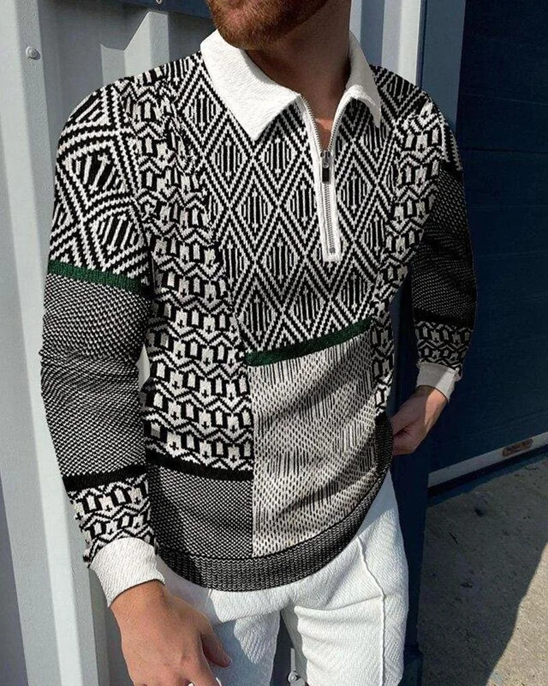 men's casual irregular printing polo long sleeves