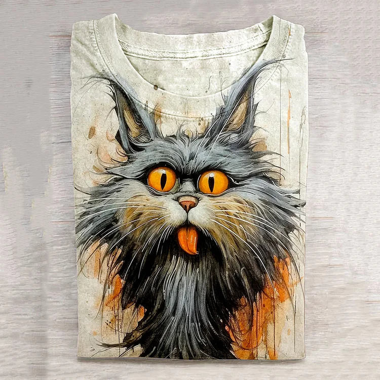 Art Cat Print Round Neck Long Sleeve T-Shirt