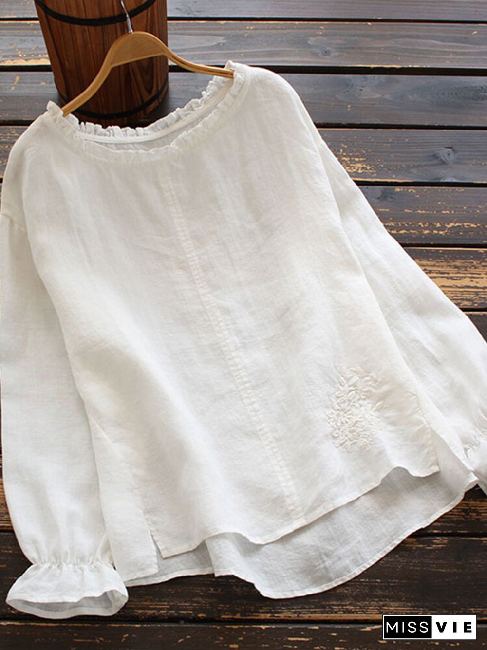 Calico Printed Ruffle Sleeve O-neck Blouse For Women