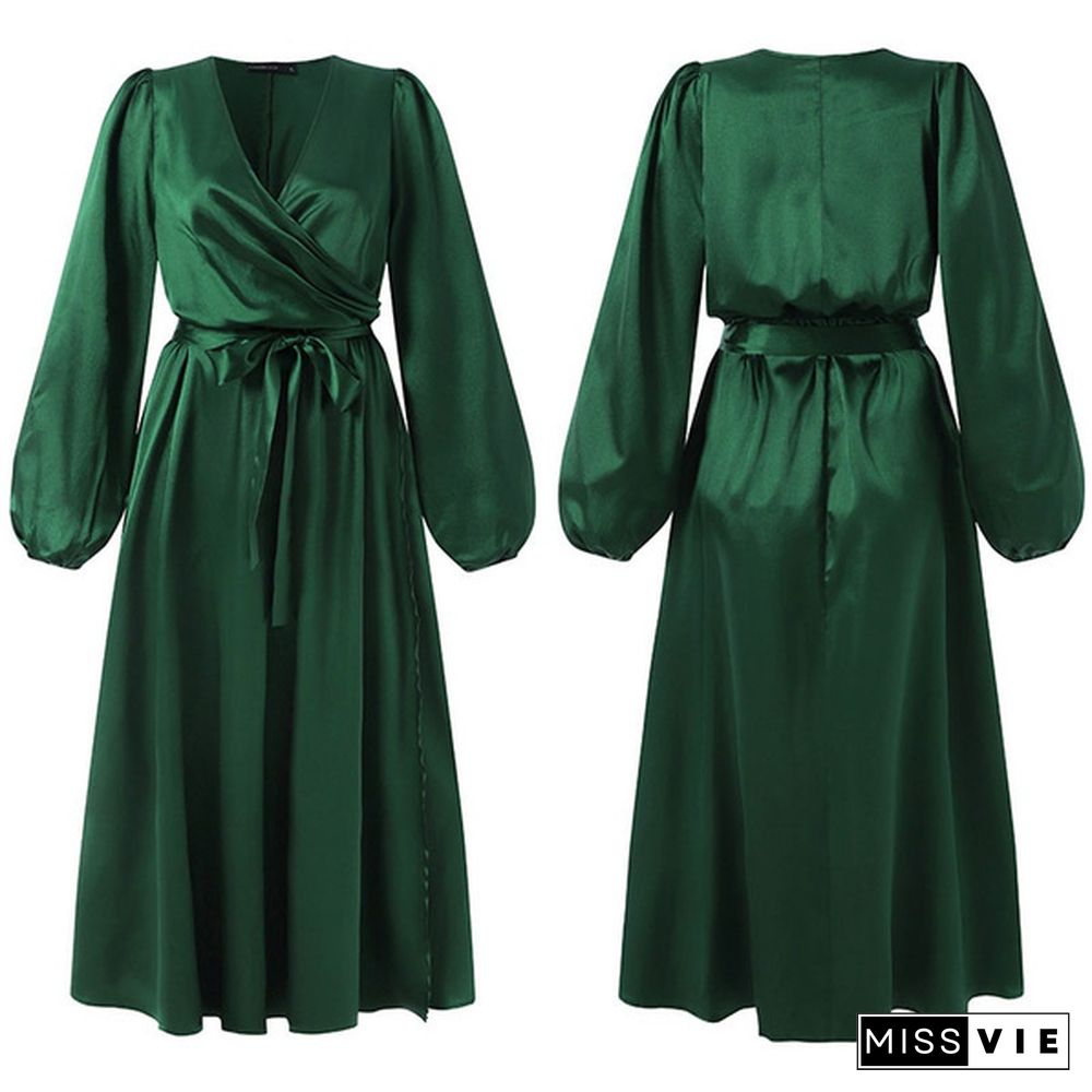 Women Elegant Long Wrap Dress Puff Long Sleeve V Neck Bandage Party Casual Silk Stain Maxi Dress Vestidos