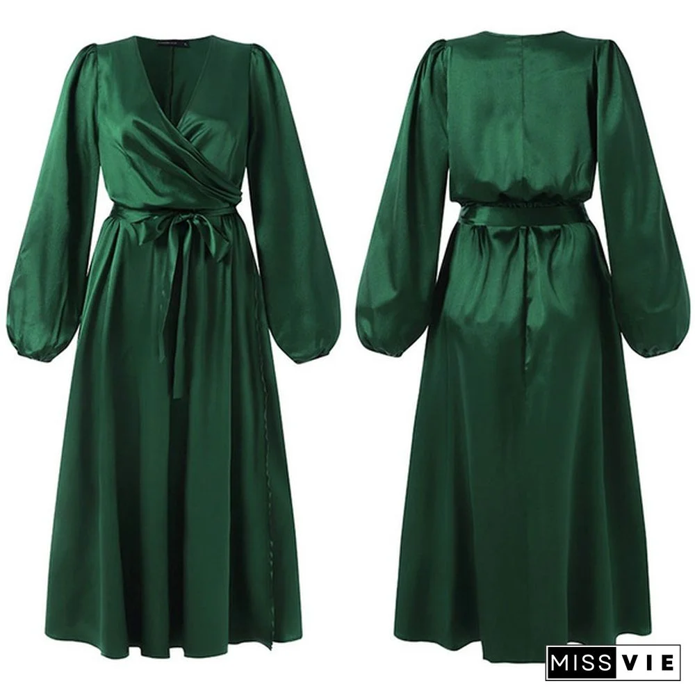 Women Elegant Long Wrap Dress Puff Long Sleeve V Neck Bandage Party Casual Silk Stain Maxi Dress Vestidos