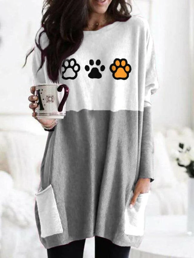Women's Cute Dog Paw Casual Color Block Long sleeve T-Shirt