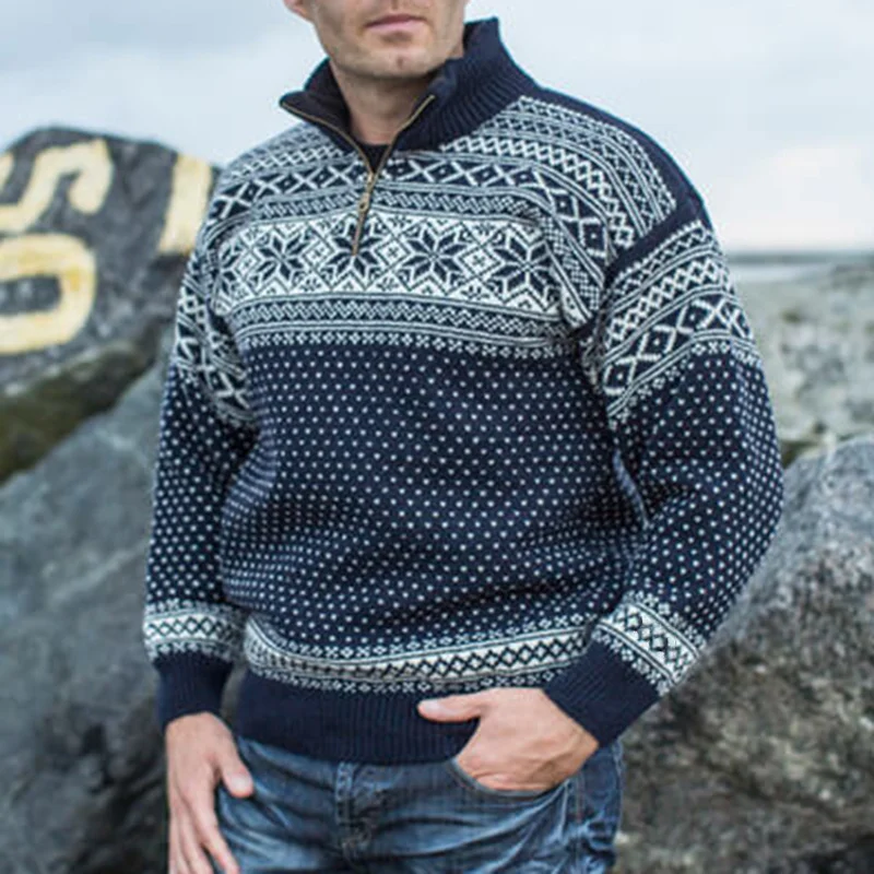 Vintage Warmth Norwool Knit Jacquard Icelandic Half Zip Collar Sweater（Unisex ）