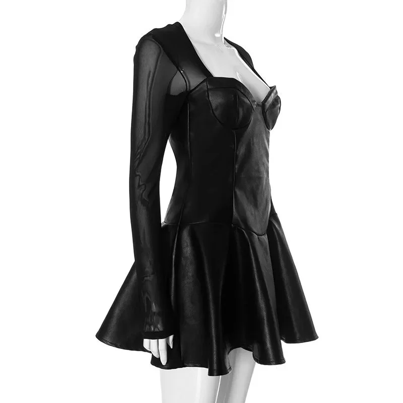 Churchf Black Long Sleeve Mesh PU Leather Mini Dress