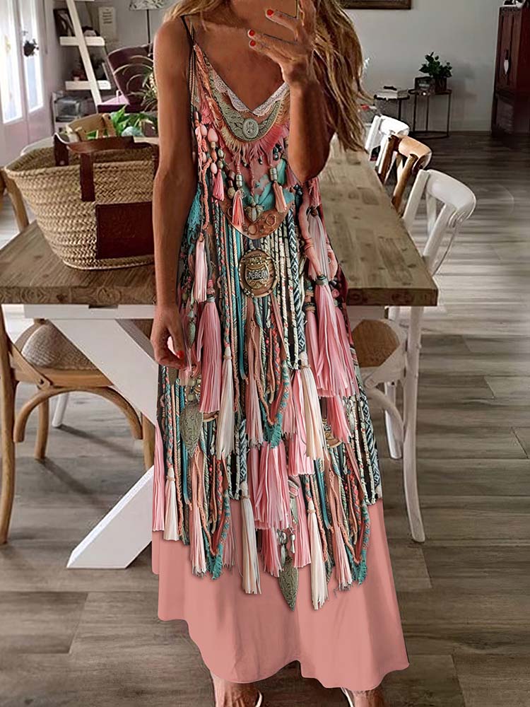 Comstylish Western Tassel Print Suspender Maxi Dress