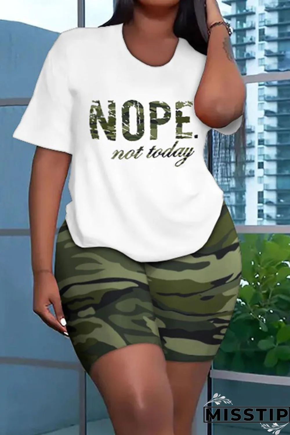 Camouflage Casual Print Patchwork O Neck Short Sleeve Two Pieces