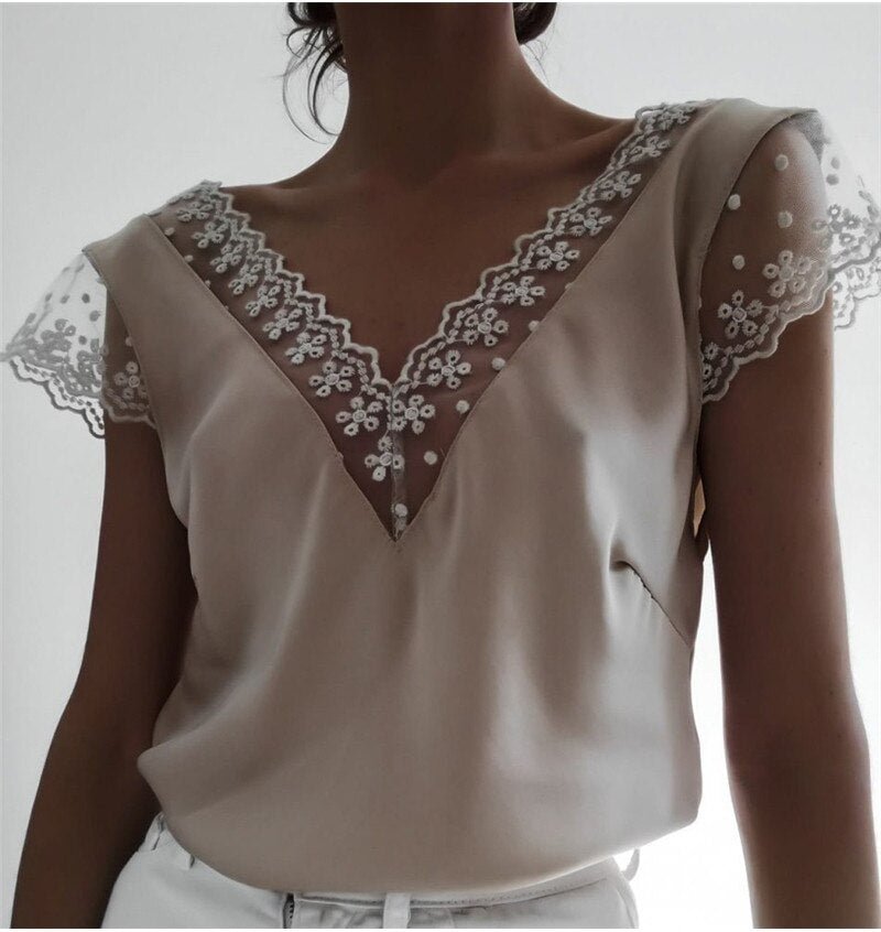 Womens Casual Short Sleeve Lace Tops and blouses elegant Ladies Summer V Neck Harajuku Blouse white Ladies blusa feminina