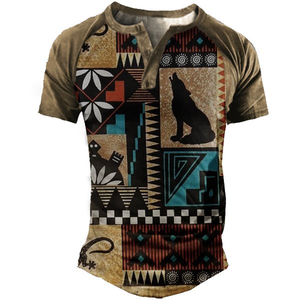 Men's Outdoor Native American Animal Pattern Tactical Henley Collar T-shirt
