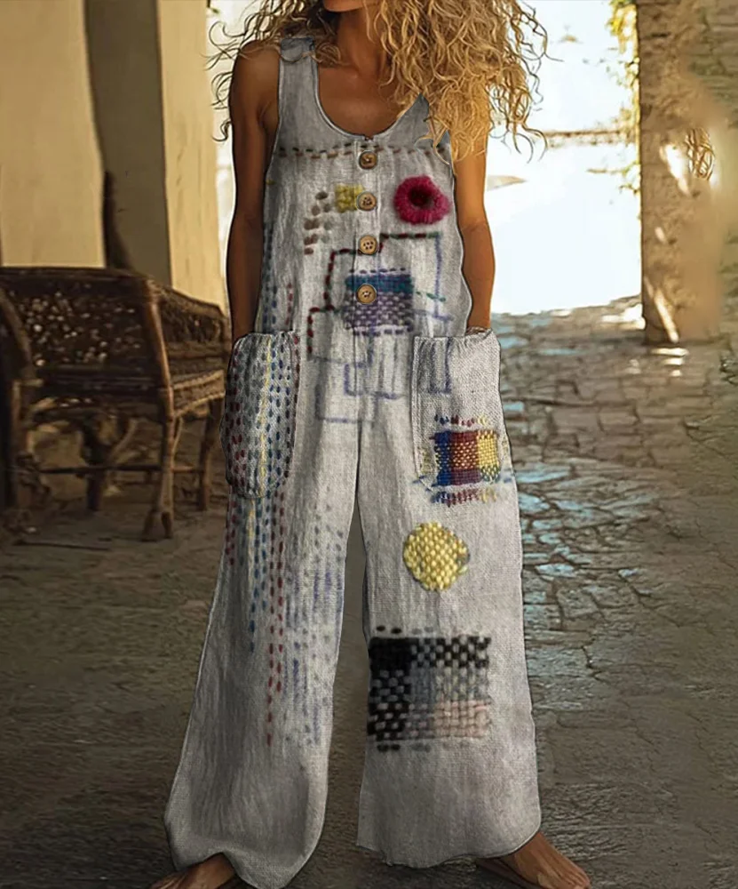 Retro Japanese Sashiko Art Print Casual Wide Leg Jumpsuit