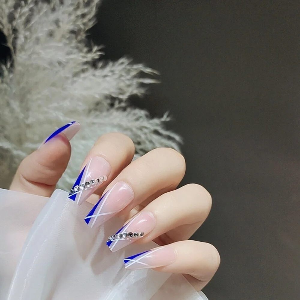 24pcs Artificial nails Blue Striped Rhinestone False Nails Full Cover Nail Tips Press On Nails French Ballerina Fake Nails-Nail Inspo