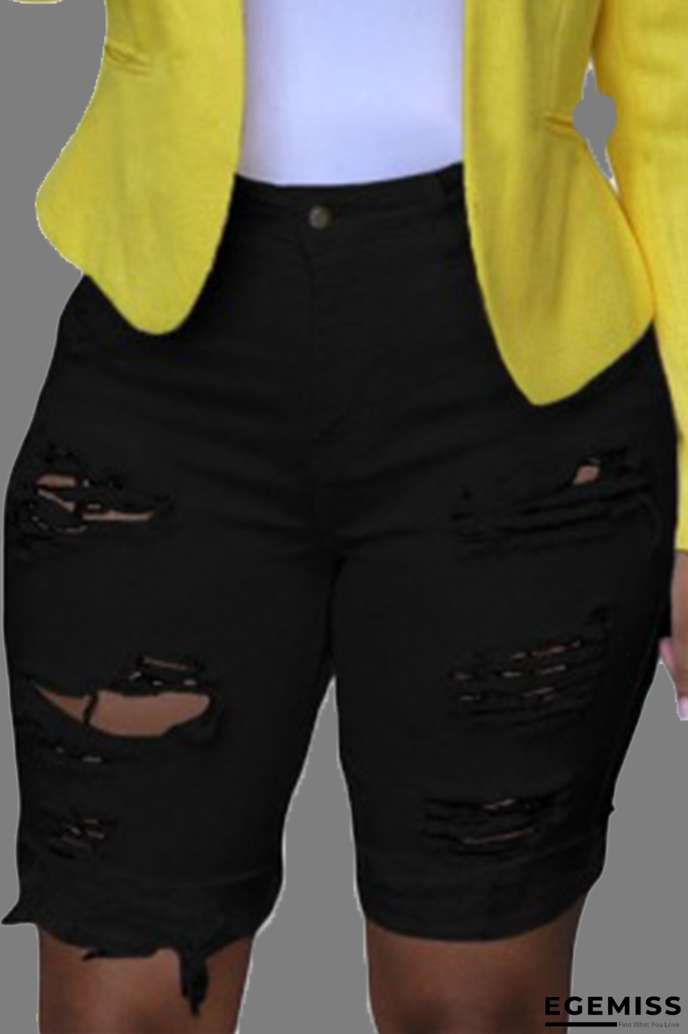 Black Casual Patchwork Ripped Mid Waist Straight Denim Shorts | EGEMISS