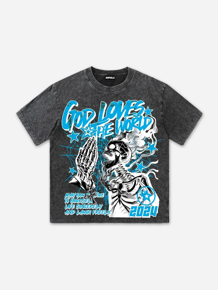 Men's Street God Loves The World Graphics Acid Washed T-Shirt