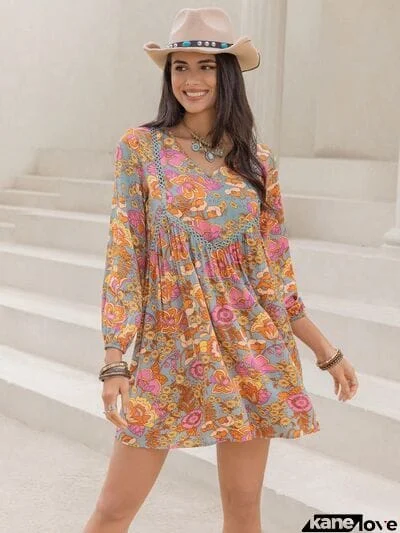 Printed V-Neck Balloon Sleeve Mini Dress