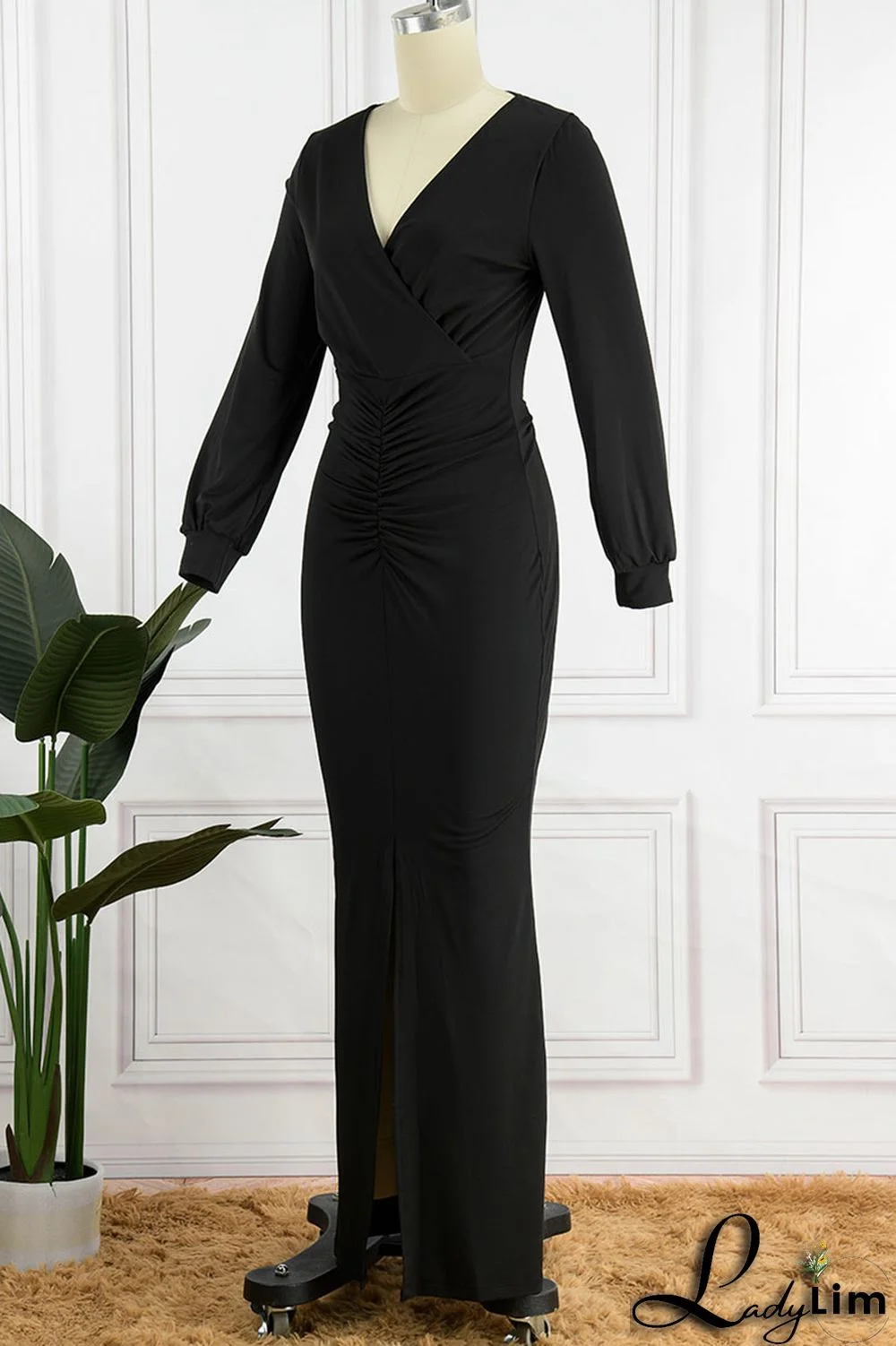 Coffee Sexy Solid Fold V Neck Asymmetrical Dresses