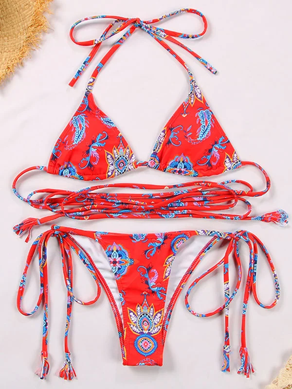 Floral Halterneck Backless Triangles Tie Side Bikini Swimwear