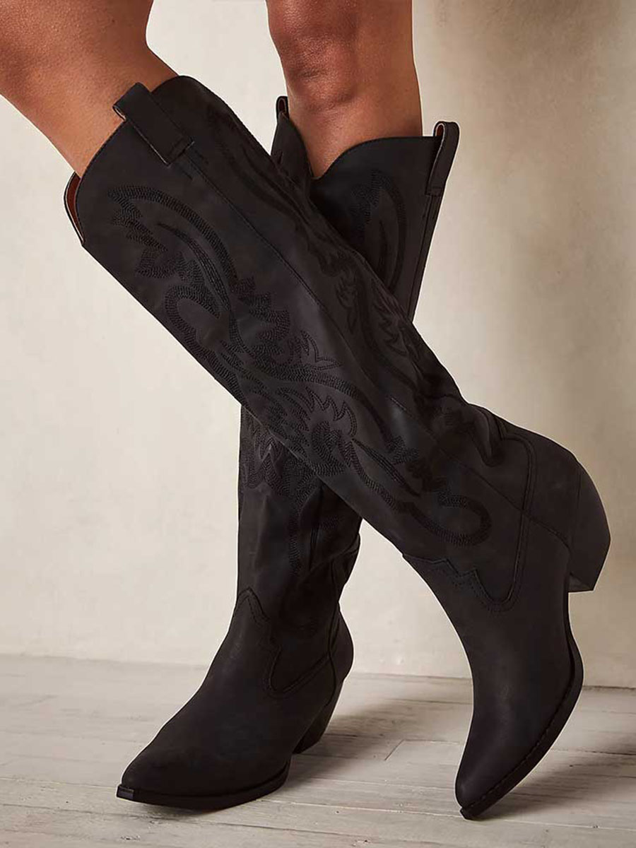 Black Vegan Leather Cowgirl Knee High Boots with Bold Western Flair and Chunky Heels
