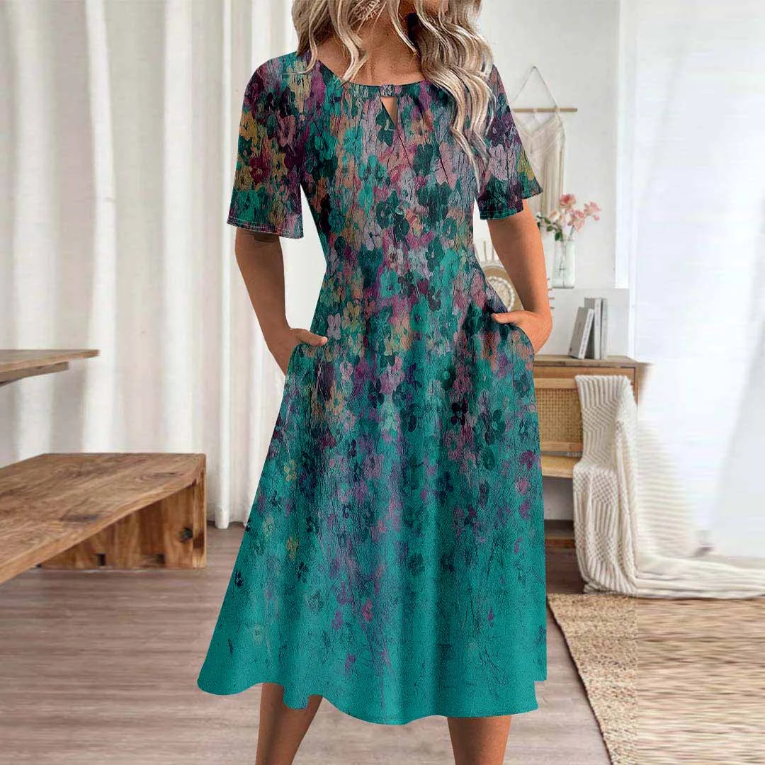 Women Floral,Blue DZHA8056 Short Sleeve Scoop Neck Graphic Printed Hollow Midi Dress
