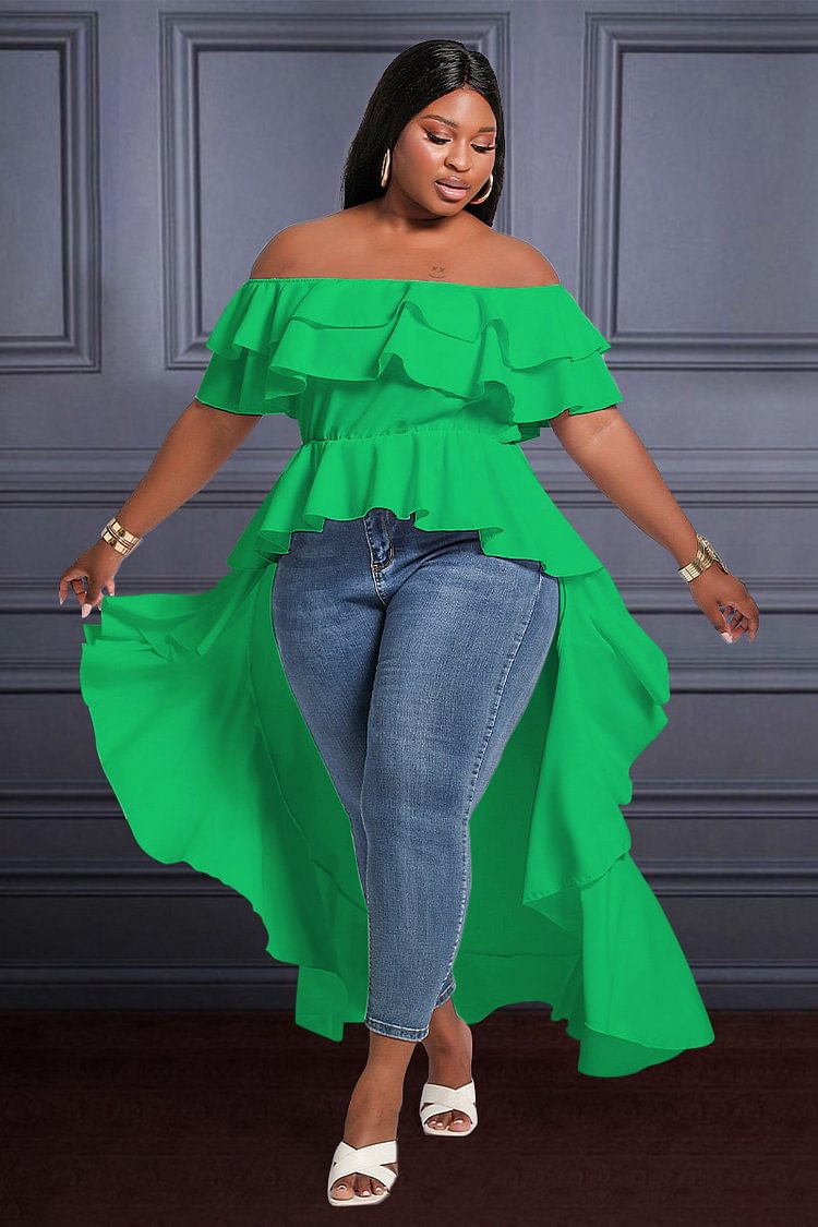 Xpluswear Design Plus Size Green Ruffle Irregular Off Shoulder Mini Dresses (No Shorts)