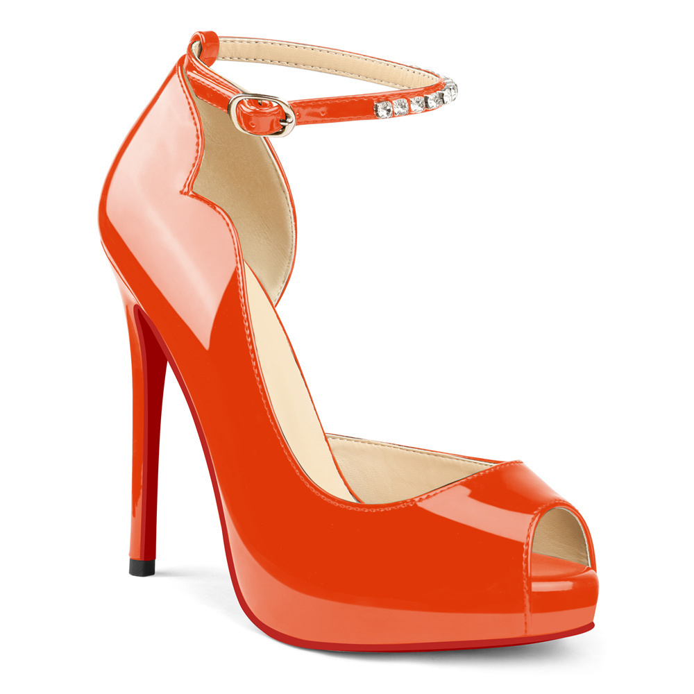 120mm Red Bottom Elastic Strap Slingback Sandals Peep Toe Platform Stilettos Black Patent Heels-MERUMOTE