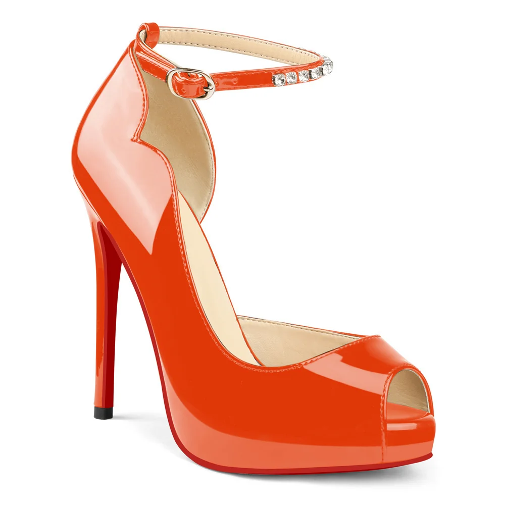 120mm Red Bottom Elastic Strap Slingback Sandals Peep Toe Platform Stilettos Black Patent Heels-MERUMOTE