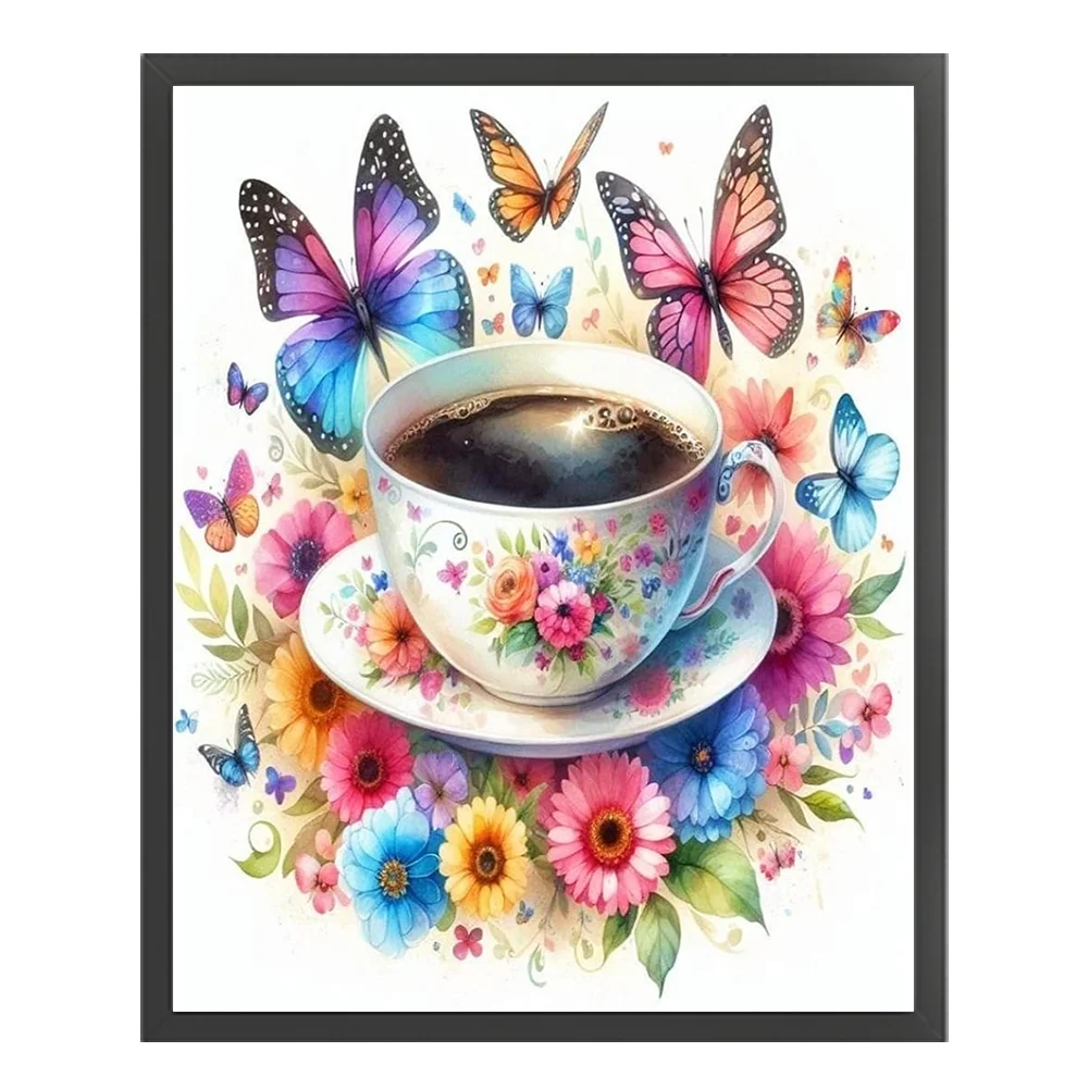 11CT Full Stamped Cross Stitch - Flower Butterfly Coffee(Canvas|40*50CM)