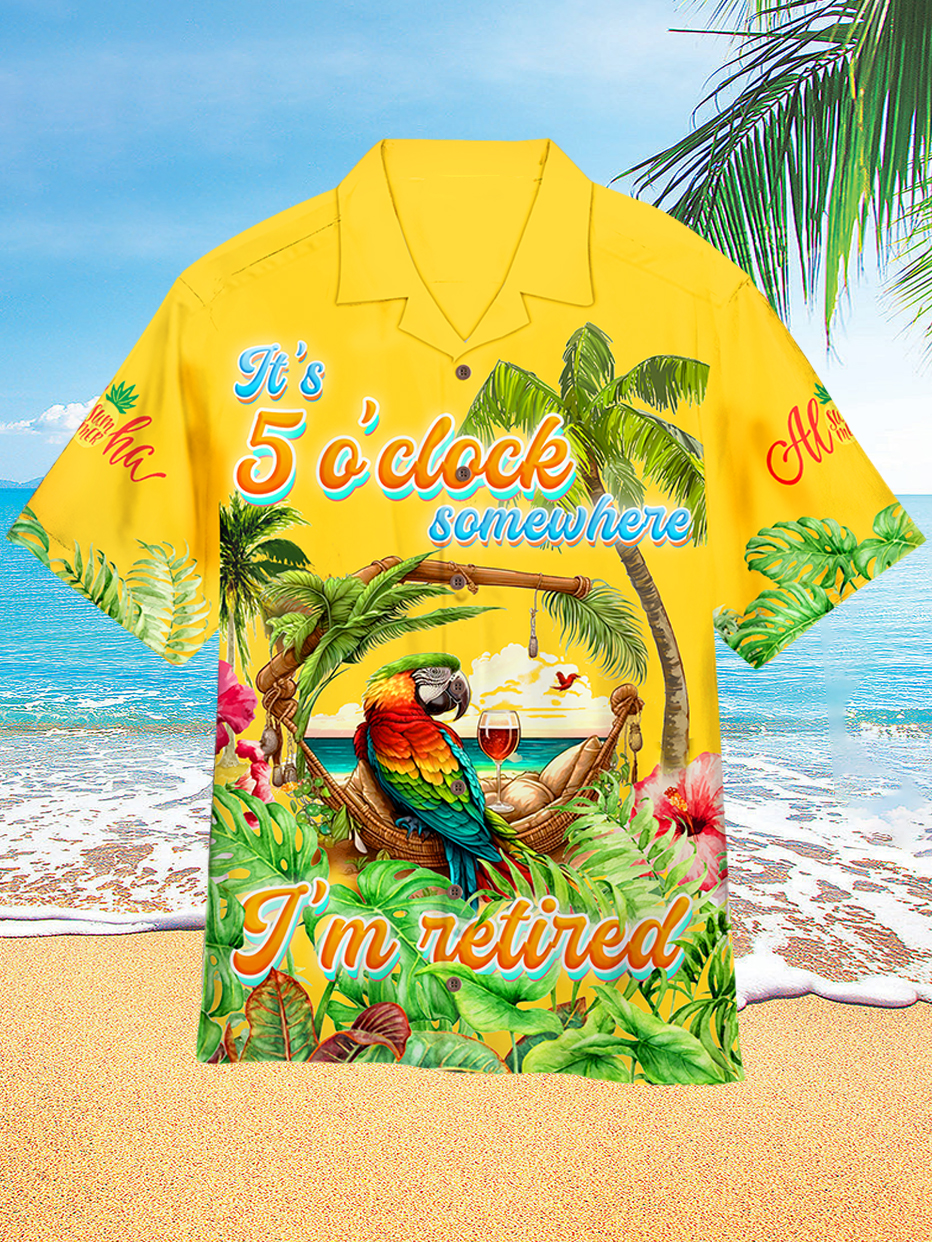 Men's Hawaiian Parrot Drinking Party Print Holiday Short Sleeve Shirt PLUSCLOTHESMAN