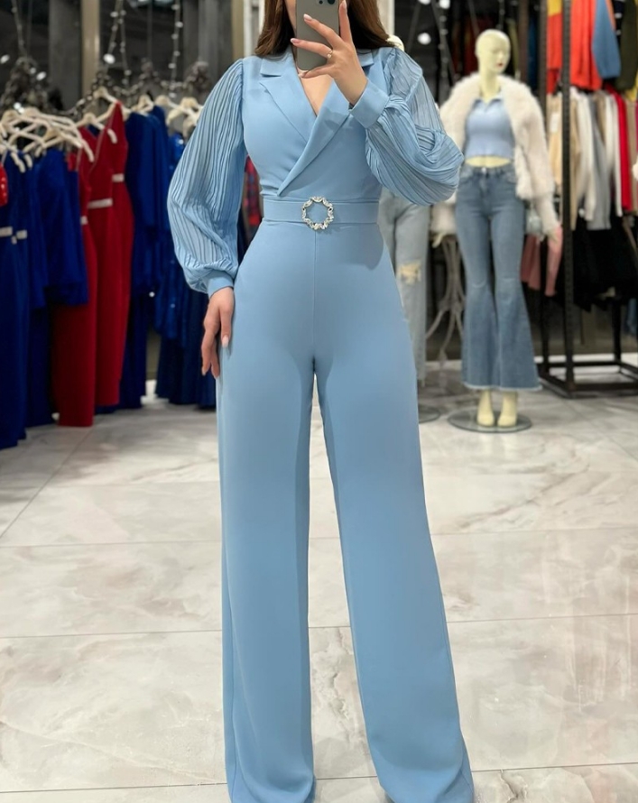 Bonushaf Jumpsuit Women 2025 Autumn Notched Collar Ruched Long Sleeve Wide Leg Jumpsuit Casual High Waist One Piece Outfits with Belt