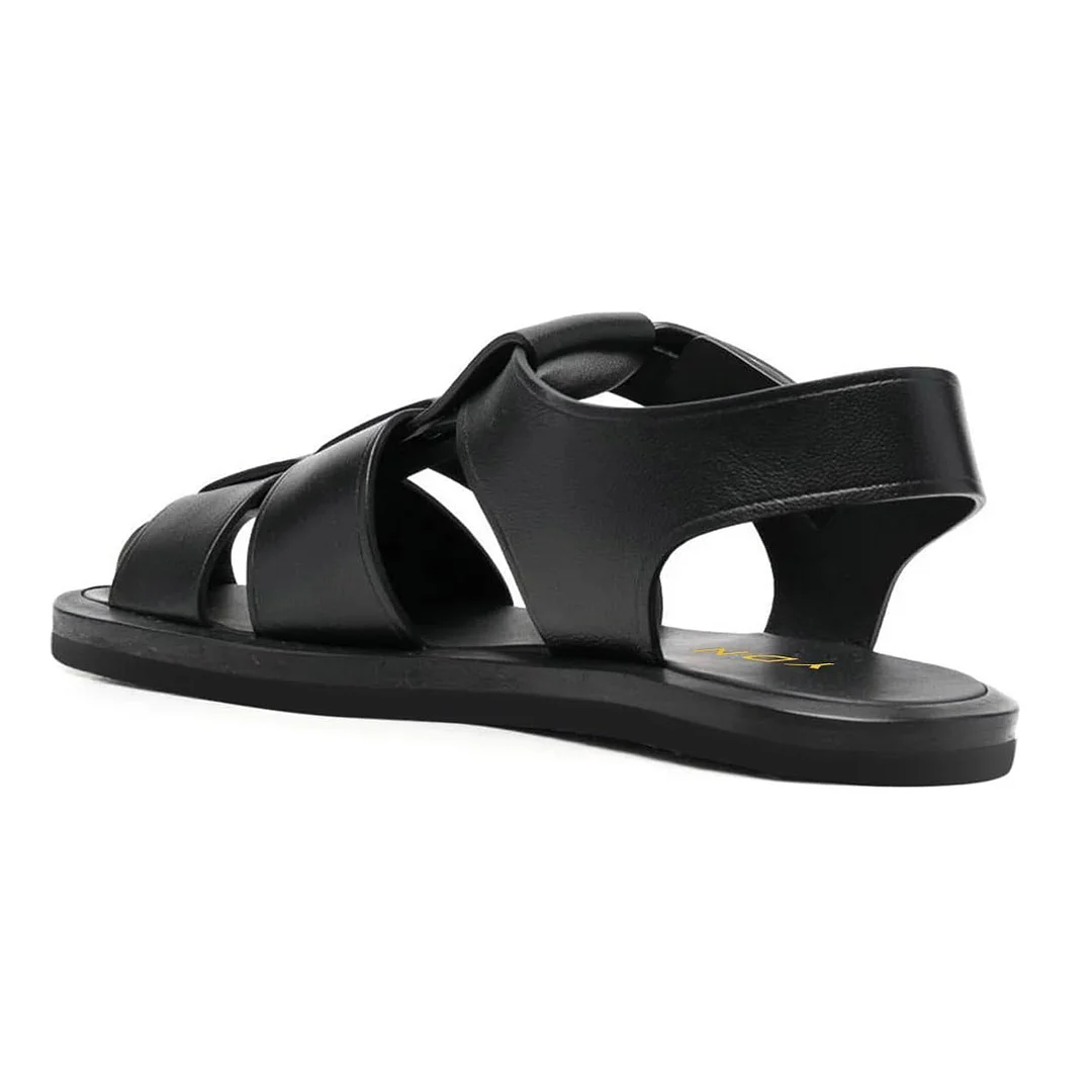T-Strap Cut-Out Caged Round Toe Flat Black Sandals for Women
