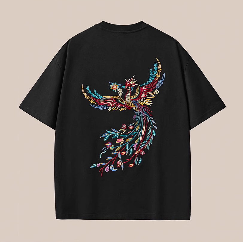 Trendy Phoenix Embroidered Cotton Loose Round Neck T-shirt