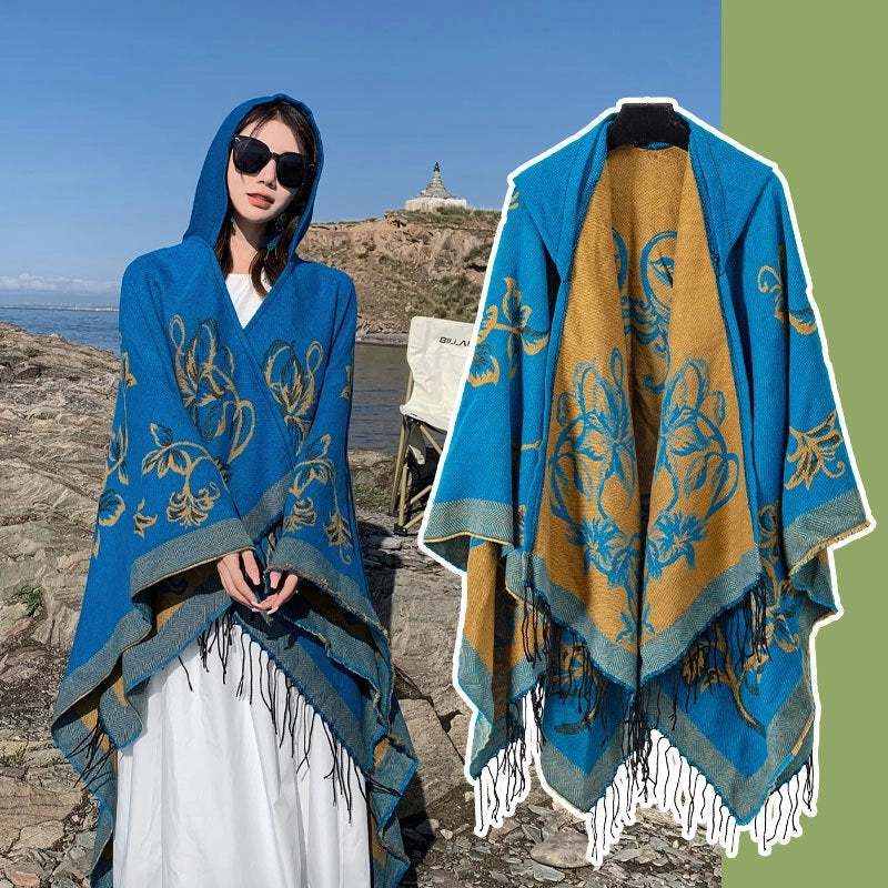Ethnic Style Hooded Cape Women’s Yunnan Tibet Western Sichuan Grassland Bohemia Travel Wear Scarf Coat