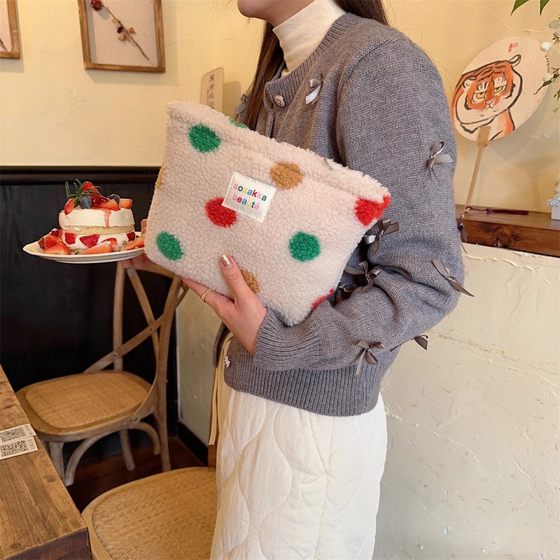4123 Style Winter Plush Cosmetic Bag Color Polka Dot Large Capacity Travel Skin Care Cosmetics Storage Bag For Women