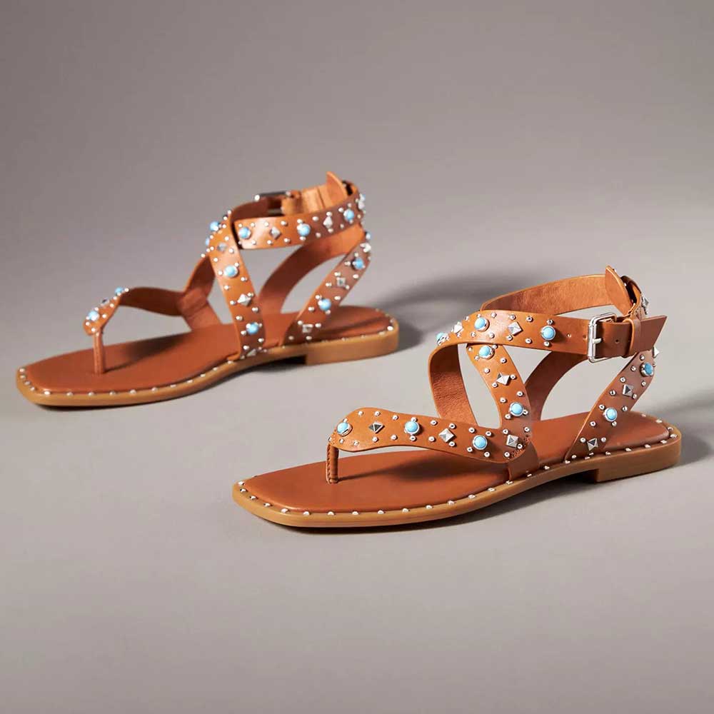 Brown Vegan Leather Square Toe Studded Buckle Fastening Strap Sandals Nicepairs