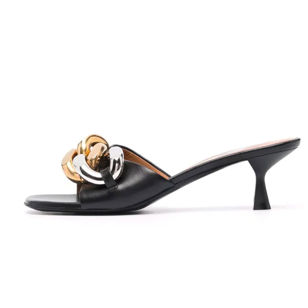 Black Vegan Leather Square Toe Kitten Heel Wide Band Mules with Chain Nicepairs