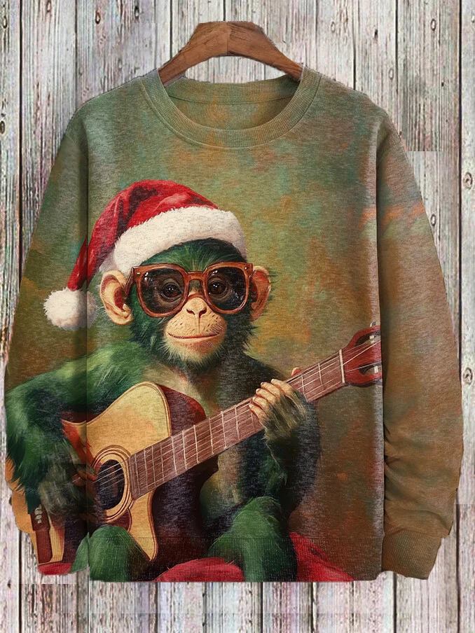 Men's Green Monkey Guitar Oil Painting Casual Sweatshirt