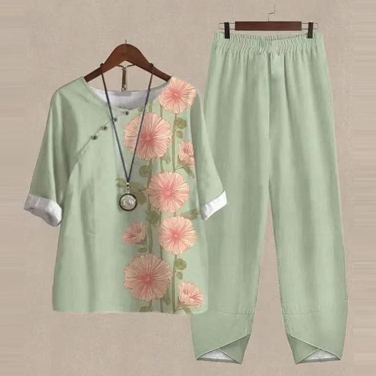 VChics Casual Loose Floral Print Crewneck Two-Piece Set
