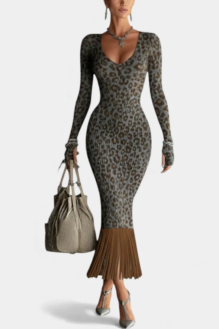 Leopard Print Midi Dress with Fringed Hem