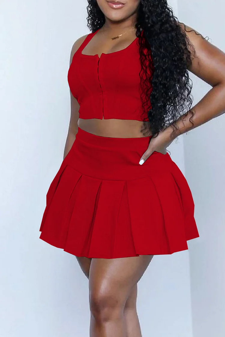 Red Sexy Solid Patchwork U Neck Sleeveless Two Pieces