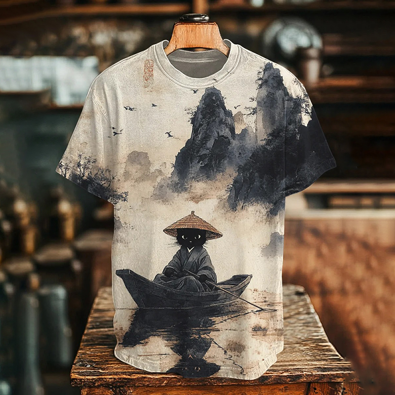 Men's Black Cat Rowing Landscape Ink Painting Art Print T-shirt  artssus