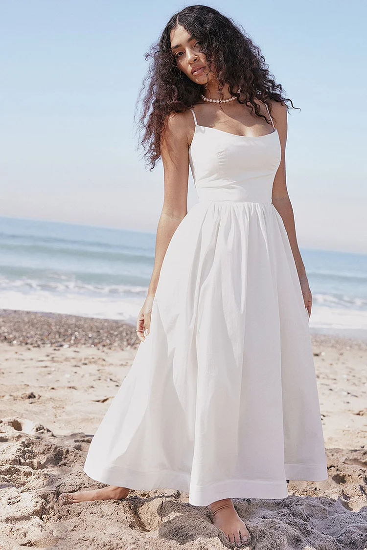 Elegant Scoop Neck White A-Line Slip Midi Dress